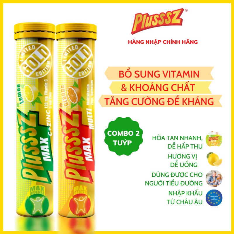 Viên sủi bổ sung vitamin c tăng đề kháng Plussz Max Multi vị Cam + Plusssz Max Vitamin C & ZinC vị chanh