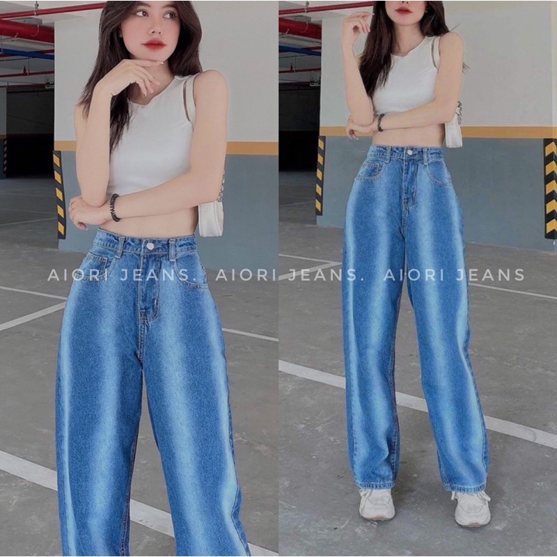 Quần Jeans Nữ AIORI Jeans Ống Rộng Lưng Cao Ulzzang Chất Bò Cao Cấp Dài 104cm
