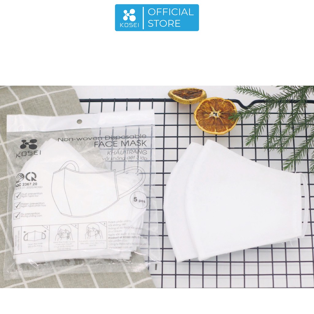 [SALE OFF] Khẩu Trang Vải Không Dệt KOSEI chống bụi bẩn, an toàn tuyệt đối (Túi 5 chiếc)
