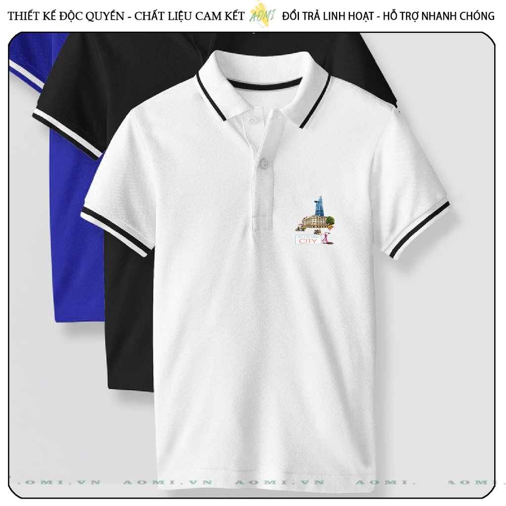 ÁO POLO SÀI GÒN HỒ CHÍ MINH CITY CÁ SẤU MÈ ĐEN TRẮNG VÀNG UNISEX PHÔNG NAM NỮ THUN CỔ BẺ BASIC GIA ĐÌNH AOMIVN