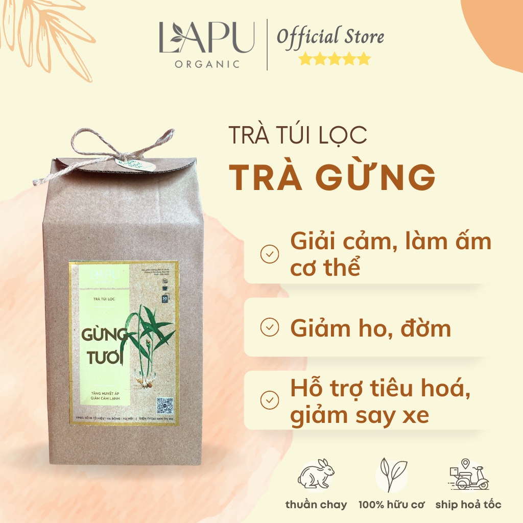 Trà gừng hữu cơ sấy lạnh - Trà gừng túi lọc hỗ trợ tiêu hoá, tăng huyết áp, giảm cảm lạnh -100% thiên nhiên