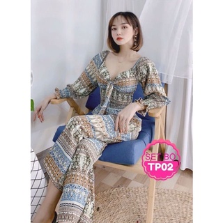 Set đồ áo quần nữ bộ thổ cẩm ống rộng tay dài quần dài nơ ngực ôm eo