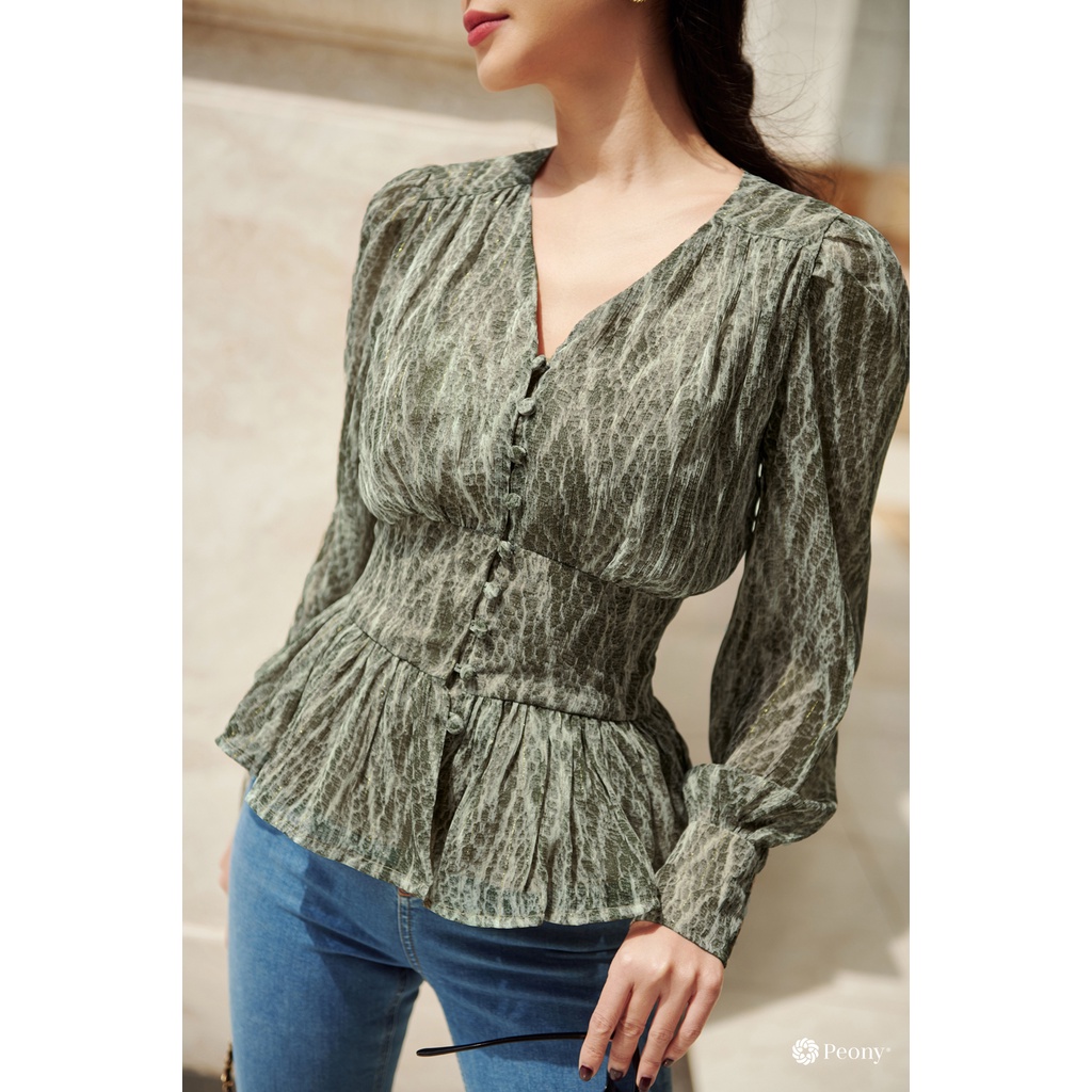 Áo sơ mi nữ dáng peplum trendy, họa tiết sành điệu, eo chun thoải mái Peony -BLUEBELL TOP