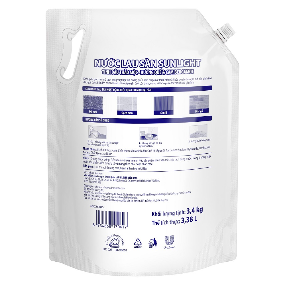 Nước lau sàn Sunlight Tinh dầu thảo mộc Ngăn côn trùng | Hương Quế &amp; Cam Bergamot | Túi 3.4 KG