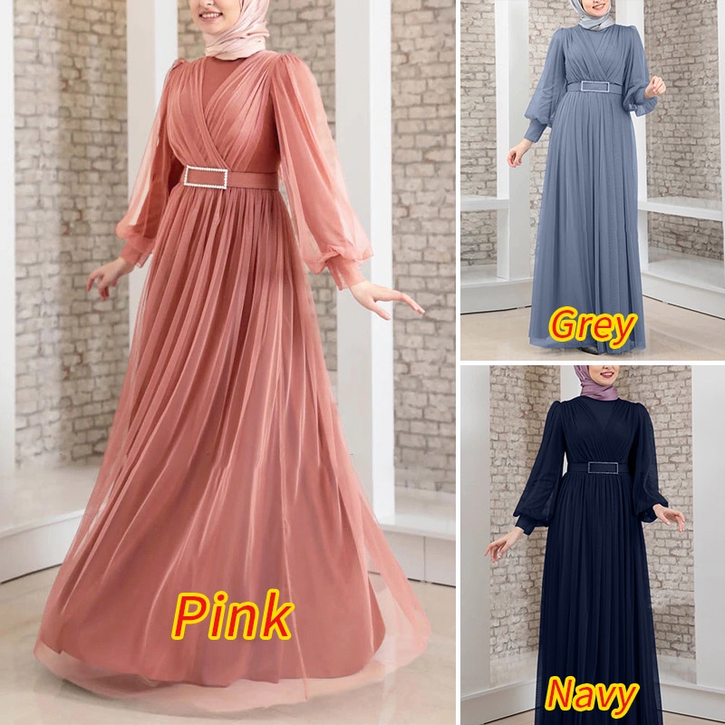 Zanzea Đầm Dài Tay Ngắn Phối Lưới Thiết Kế Thắt Lưng Dành Cho Phụ Nữ Hồi Giáo