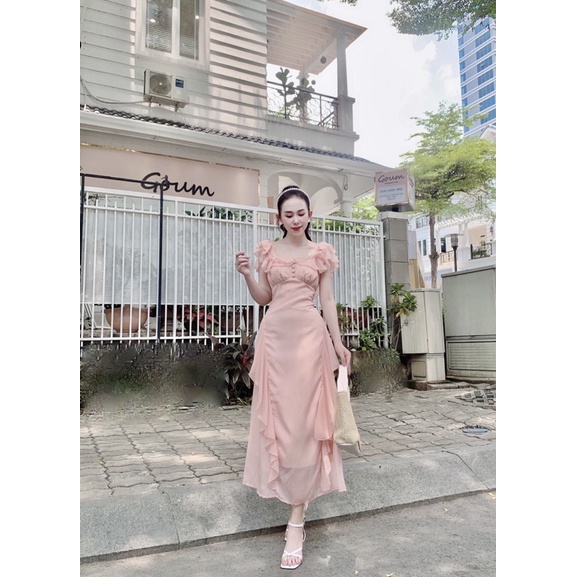 Đầm tơ cổ bèo vuông nút bọc cao cấp loại 1 | BigBuy360 - bigbuy360.vn