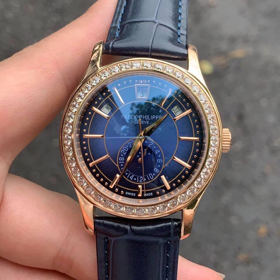 Đồng hồ Nam Ptek vành đá trăng sao máy nhật chạy cơ Automatic có thứ ngày tháng vỏ vàng dây da