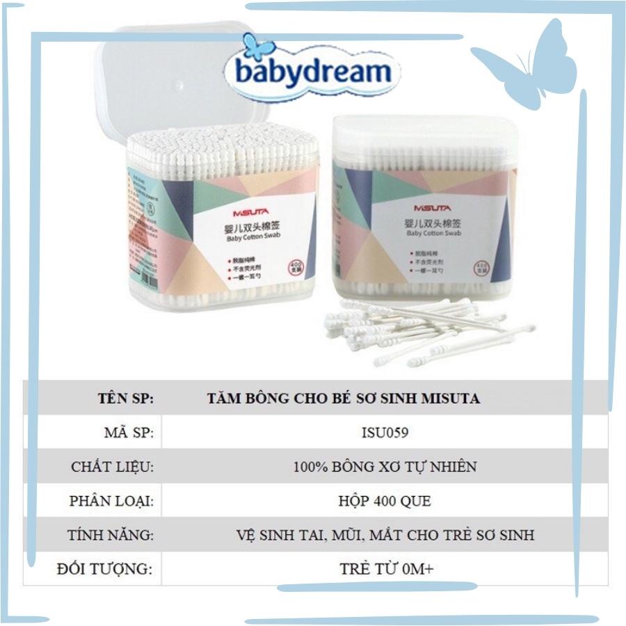 Tăm Bông Misuta Cho Bé Sơ Sinh Bông Tự Nhiên Hộp 400 Que Baby Dreams