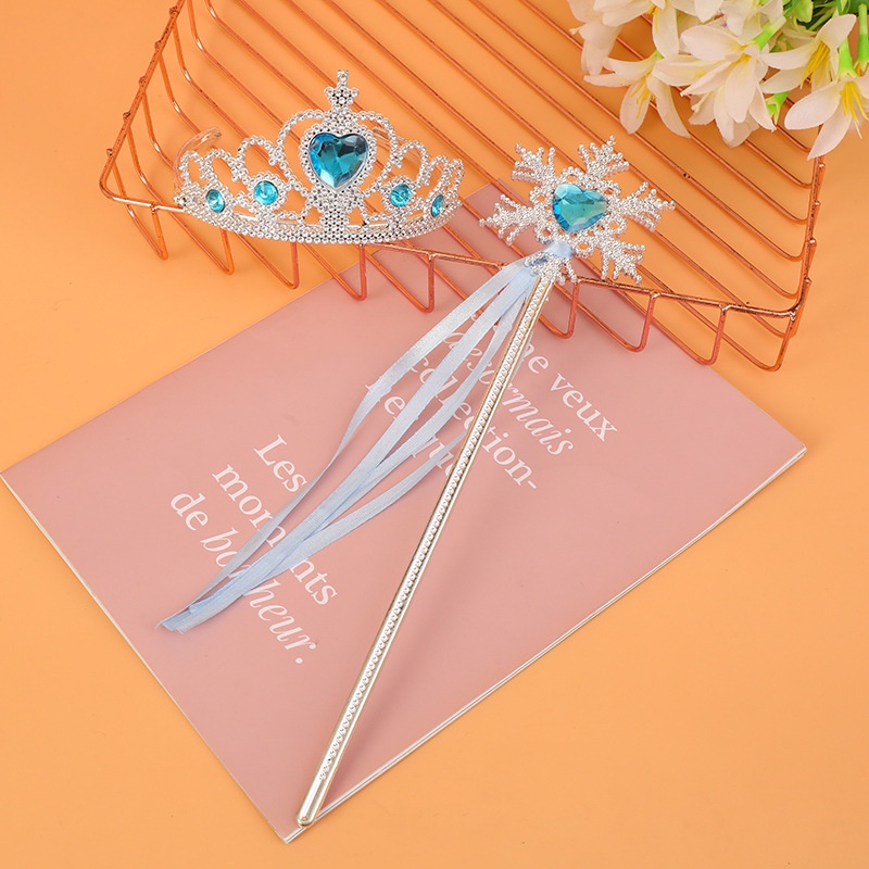 Bộ 2 Món Phụ Kiện Cài Tóc + Đũa Phép + Vương Miện Công Chúa Elsa Thời Trang Cho Bé Gái