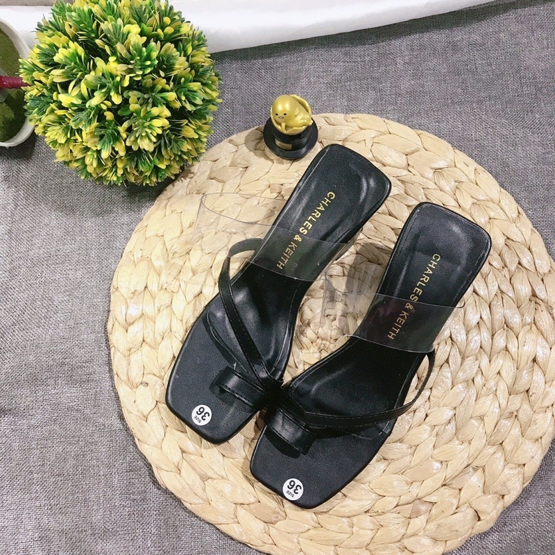 Guốc cao gót xỏ ngón quai mảnh xéo phối quai trong da lì gót vuông 7p thời trang- ảnh thật