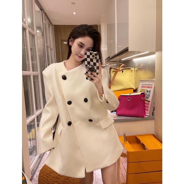 Áo khoác dạ cổ tròn dáng rộng hai hàng khuy thương hiệu Isabel Marant cao cấp