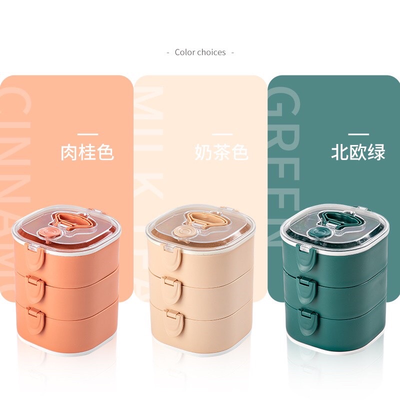 Hộp Cơm 3 Tầng Kèm STIcker,kèm muỗng cao cấp