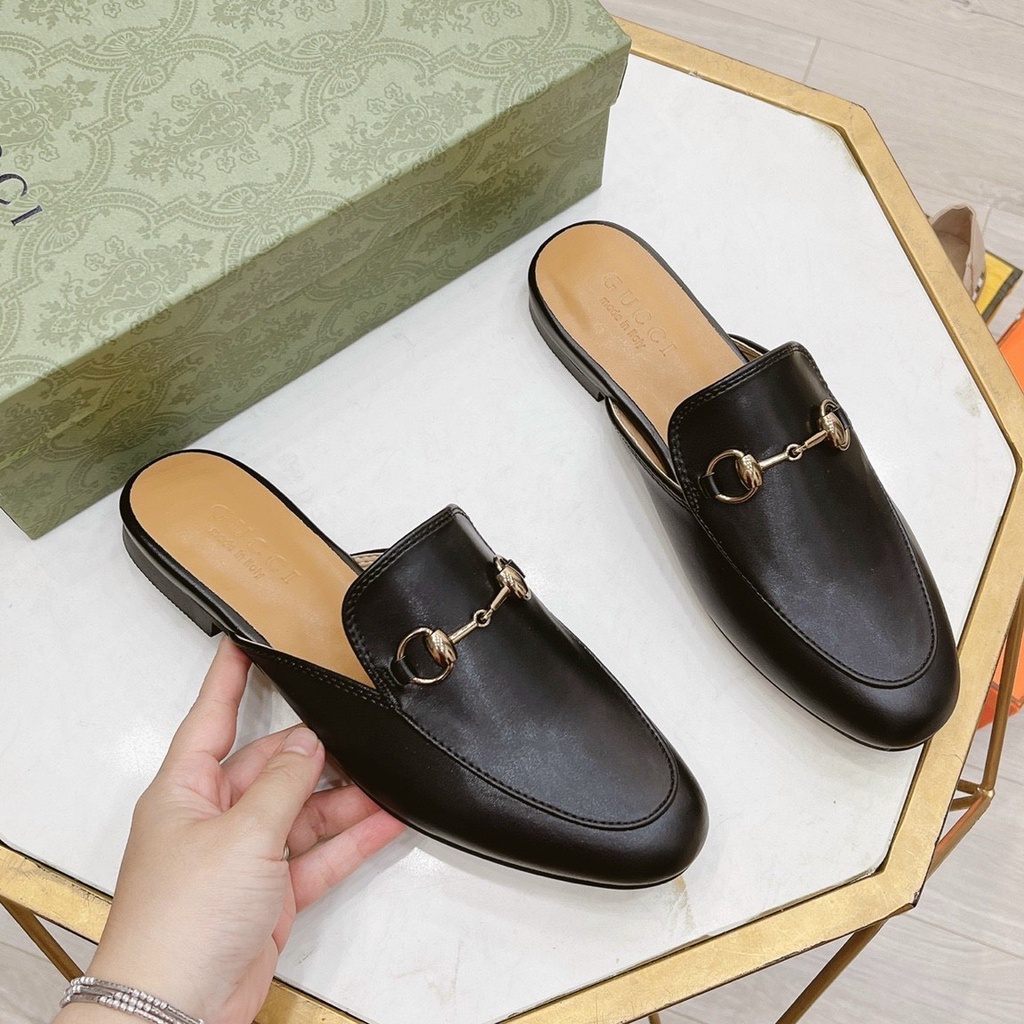 Dép sục nữ da thật, sục da thật mũi vuông đế bệt 2cm- Hàng quang châu