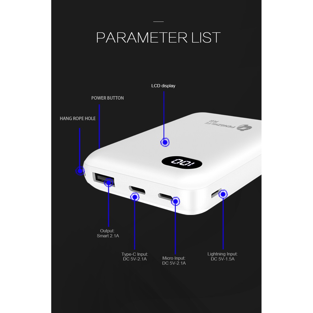 Sạc dự phòng FengZhi J332 - 10000 mAh Chính hãng Có 2 cổng USB , 3  cồng  vào Iphone ,Mirco và Type C.Mỏng gọn tiện lợi