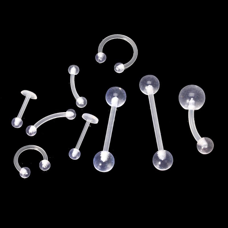 Bộ trang sức 9 khuyên xỏ lỗ mũi/lông mày/toàn thân acrylic UV trong suốt
