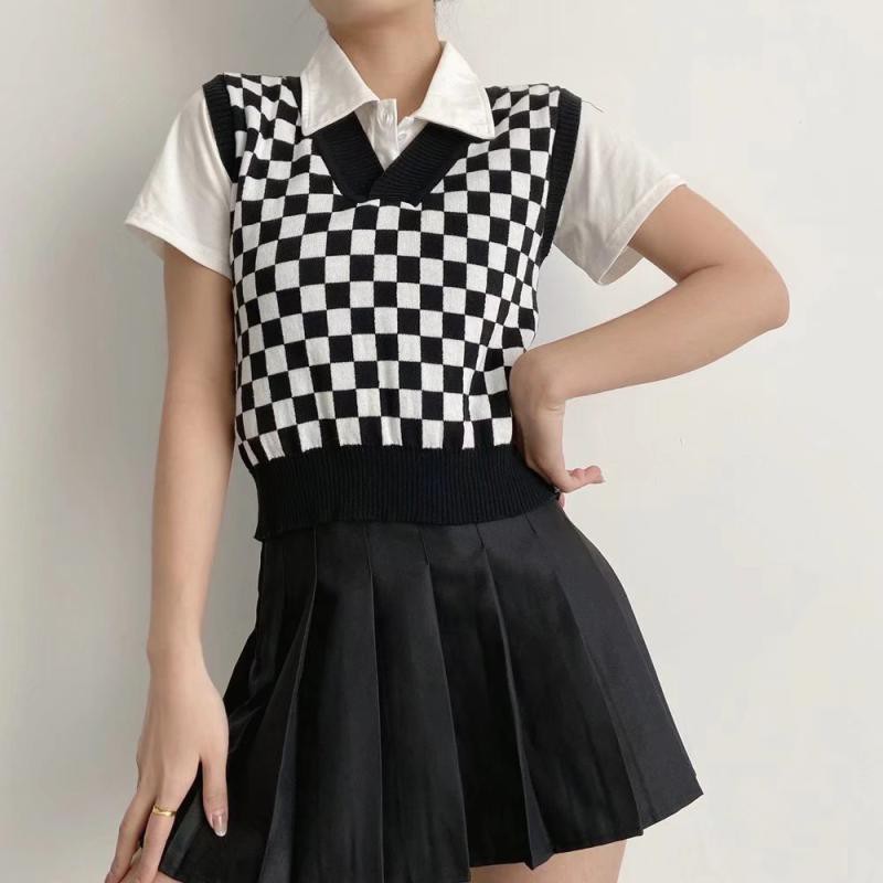 Áo ghi lê dệt kim cổ chữ V dáng rộng phong cách retro Nhật Bản