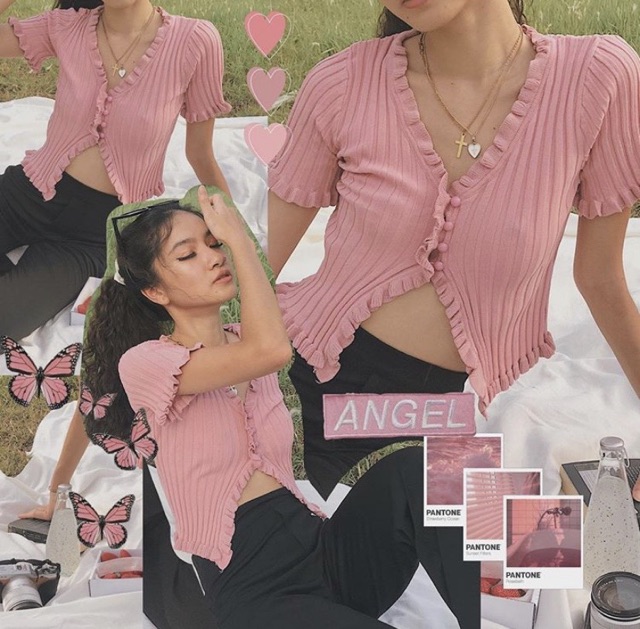 Áo Kiểu NEVER STOP CROPTOP màu HỒNG thiết kế gài nút 1 nửa khoe vòng eo chất len dày co giãn hàng nhập quảng châu