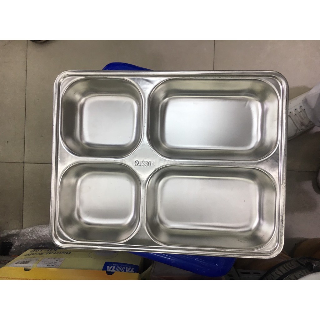 Khay ăn inox 4 ngăn 304 (22x28cm) phù hợp sử dụng cho học sinh, suất ăn văn phòng, khay cơm sâu lòng nắp đậy khít
