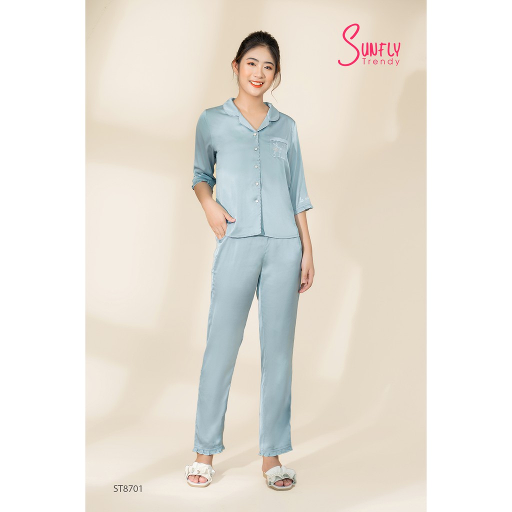 Đồ mặc nhà nữ hãng Sunfly - Bộ lụa trơn tay lỡ quần dài ST8701 (Ảnh hãng kèm ảnh chụp tại shop)