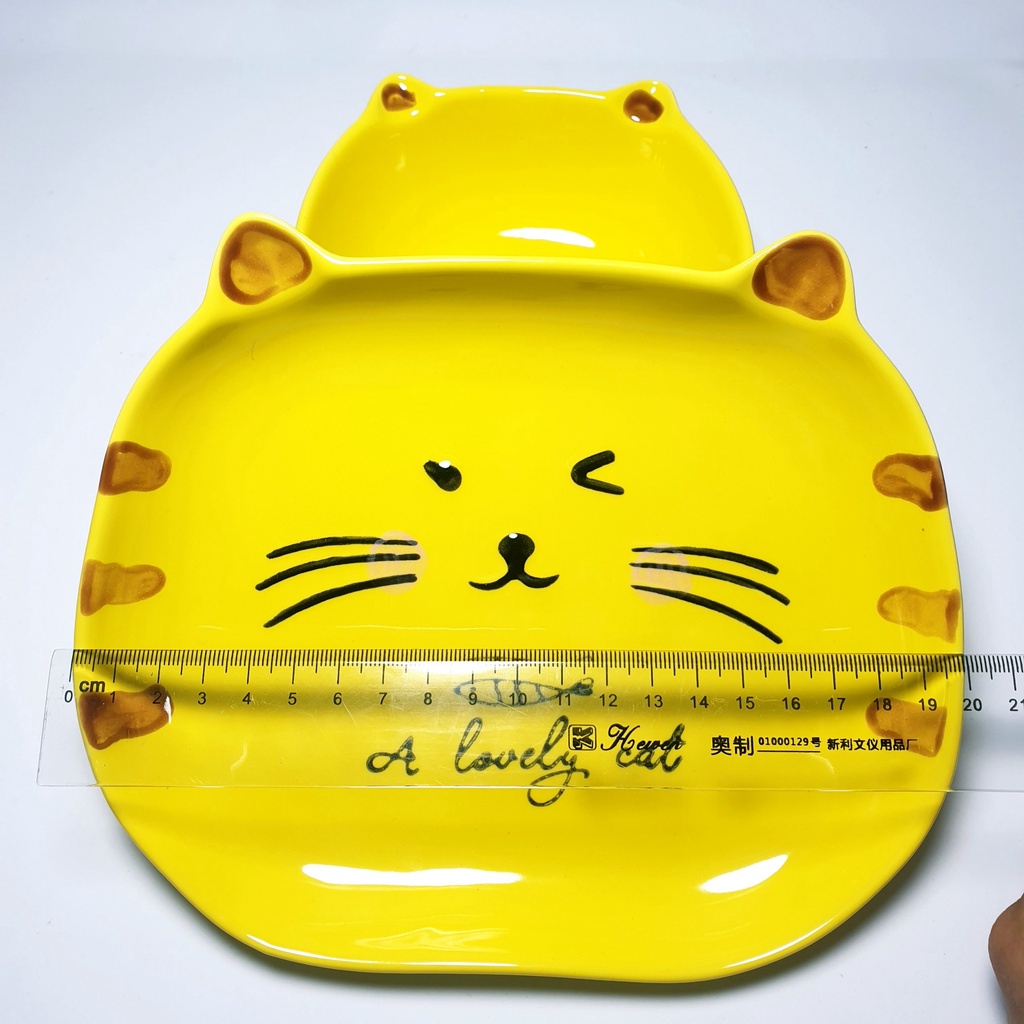 Đĩa Ăn Dặm Hình Mèo Vàng Đáng Yêu AD14 Chất Liệu Gốm Sứ Size Lớn Tráng Men Cho Bé YOOTA BABY