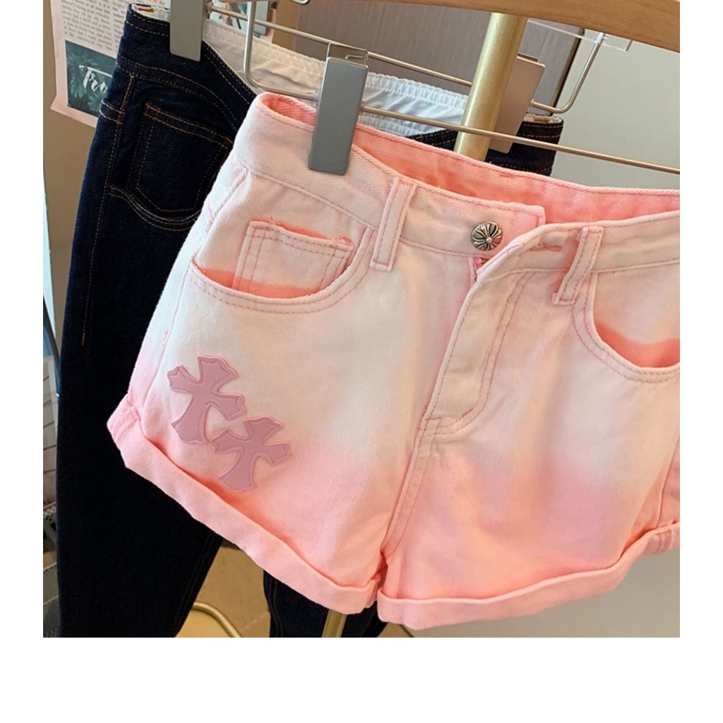 Pink gradient cross denim shorts women's summer 2022 new small ins fashion high waist hem straight pants