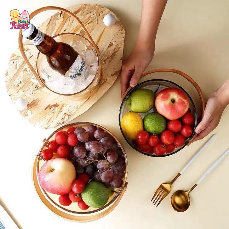 Giỏ thuỷ tinh có tay cầm bằng tre kiểu Bắc Âu, khay mứt 4 ngăn