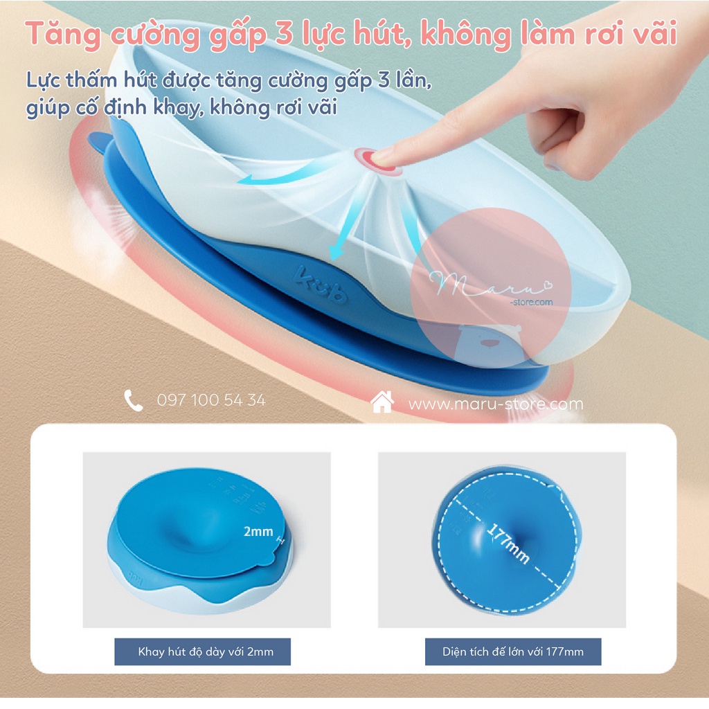 [Kèm muỗng nĩa KUB] Khay silicon cho bé ăn dặm 3 ngăn đế hít chống đổ KUB