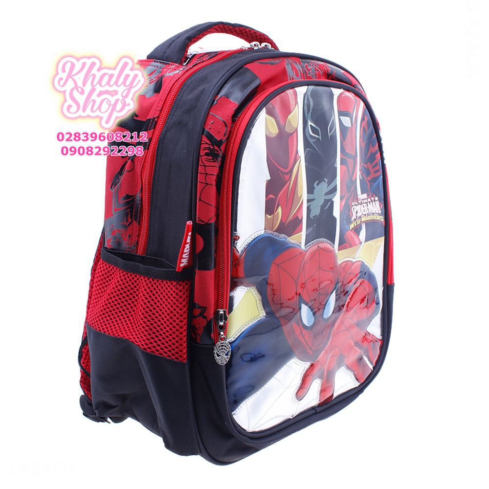 Balo trẻ em 15'' hình người nhện Spiderman 3 sọc màu đỏ đen dành cho học sinh , bé trai - BLSP3S15 (33x15x38cm)