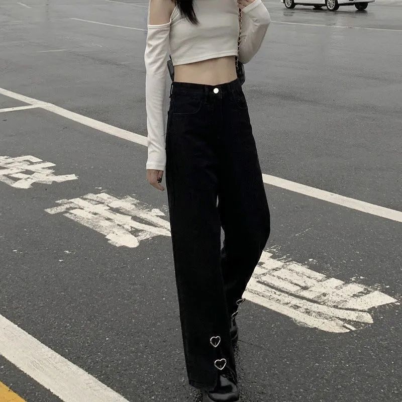 Quần Jean Ống Rộng Dáng Suông Năng Động Thời Trang Phong Cách Hồng Kông Cho Nữ