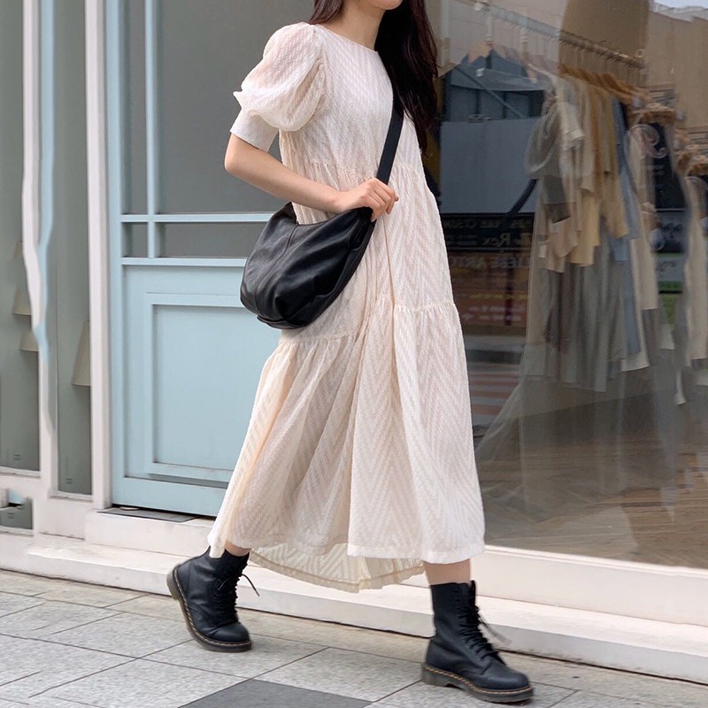 Váy tay phồng xòe dài phối viền nhún xếp ly nhẹ nhàng vintage tiểu thư Hàn Quốc
