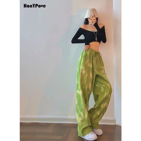 Honypove Quần Dài Lưng Cao Màu Xanh Bơ Phong Cách Harajuku Cá Tính Cho Nữ