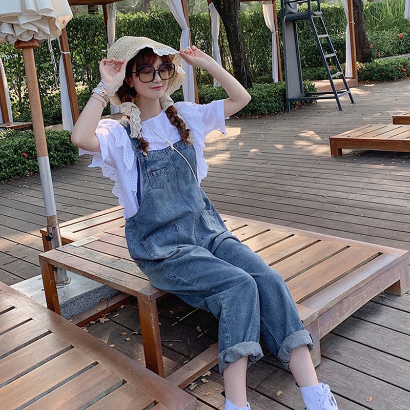 Quần Yếm Jean Dài Eo Cao Dáng Rộng Phong Cách Hàn Quốc Thời Trang Xuân Thu 2022
