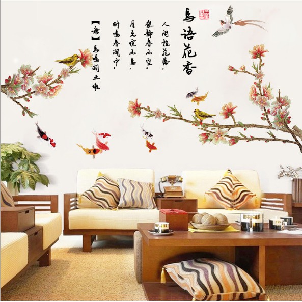 Decal trang trí Phong cảnh HOA LÁ CHIM TRÊN CÀNH KÈM CHỮ