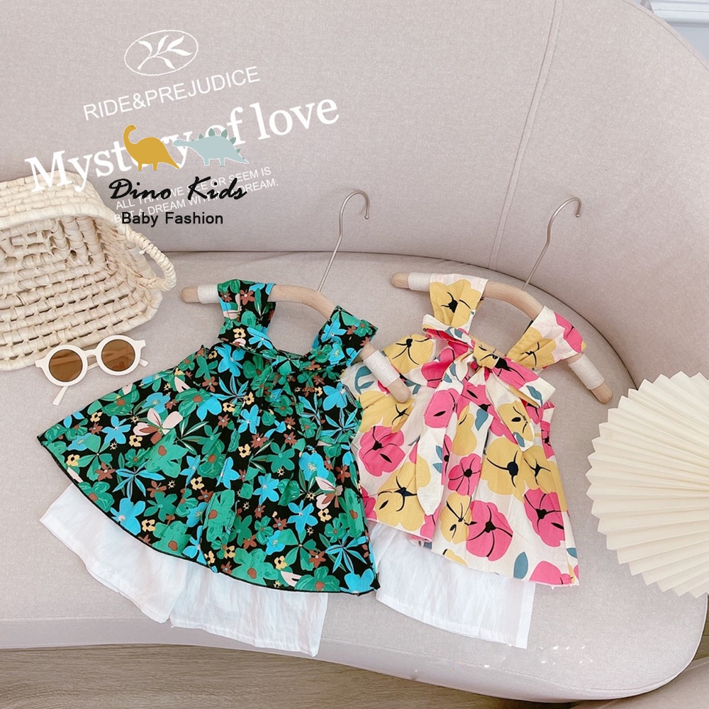 Bộ 2 dây hoa bé gái, Sét áo thô hoa to cộc nơ sau lưng kèm quần short đũi trắng cho bé