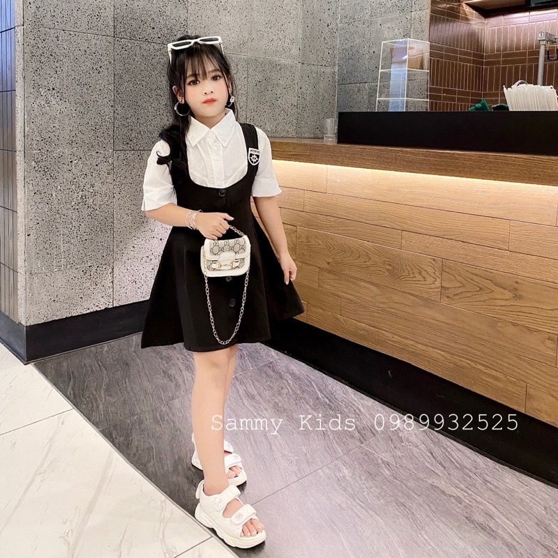Set Yếm xoè Áo Sơmi kèm Tag Đá cao cấp cho bé gái size đại 16-41kg