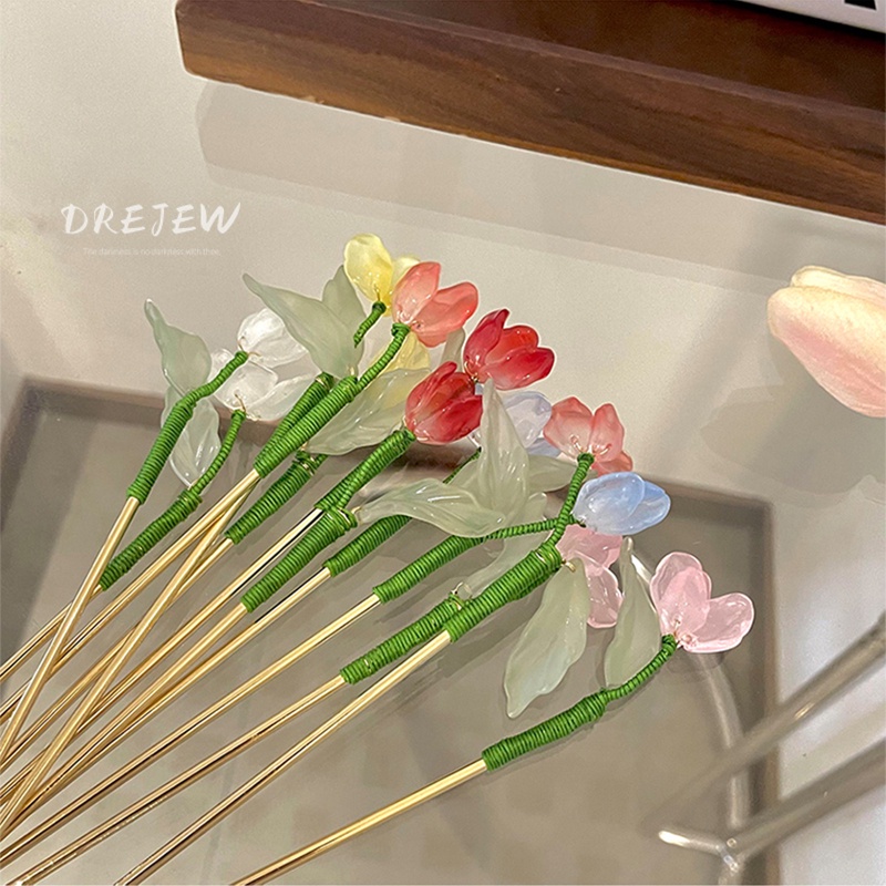 DREJEW Trâm cài tóc kiểu hoa tulip phong cách cổ điển cho nữ