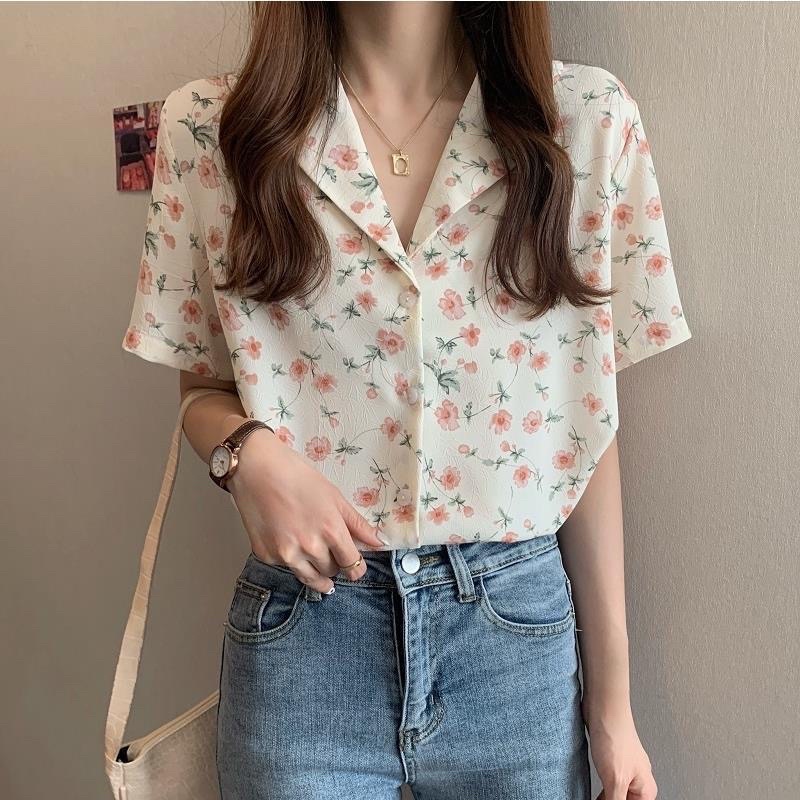 Áo Sơ Mi Mỏng Tay Ngắn Dáng Rộng In Hoạ Tiết Hoa Trẻ Trung Thanh Lịch