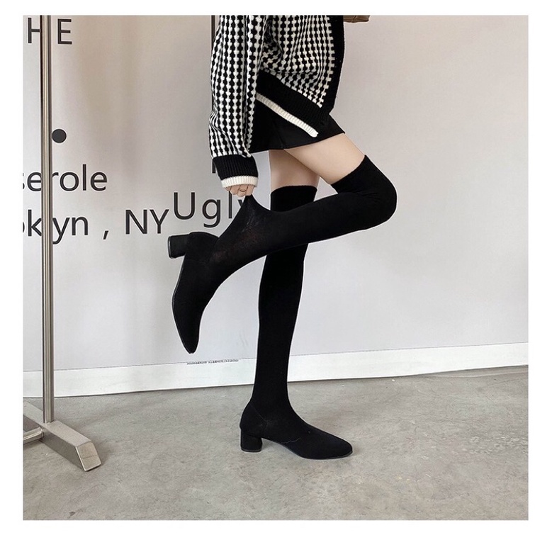 Bốt đùi nữ chất len co giãn ôm chân không tụt gót vuông cao 5cm