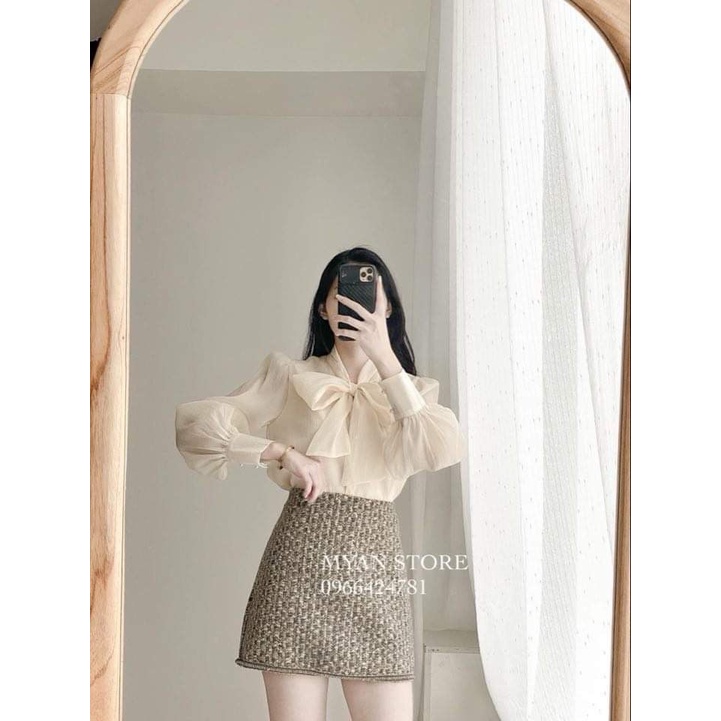 Áo sơ mi tay bồng Gen J cổ nơ khuy ngọc tiểu thư nhiều màu sắc, áo sơmi tay dài - Somi01