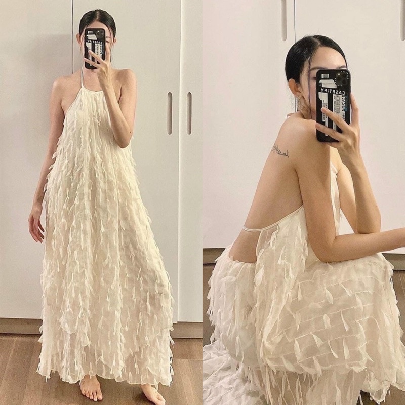hàng TK Set maxi lông cổ yếm hở lưng trần, đầm váy dài sang trọng quyến rũ gợi cảm, thời trang nữ đi chơi/biển du lịch