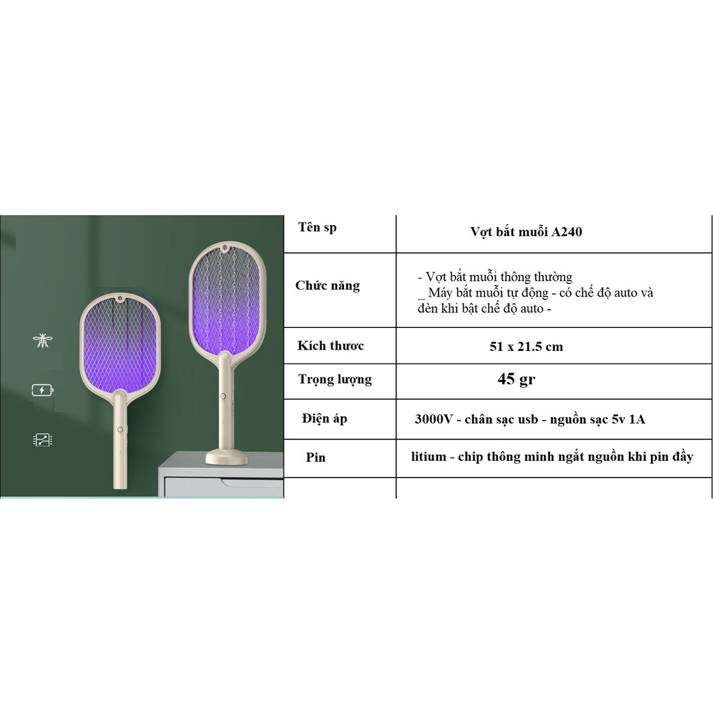 Vợt Muỗi kiêm Đèn Bắt Muỗi 2 trong 1 chế độ Auto bắt A240- Pin sạc cao cấp 1200 mah