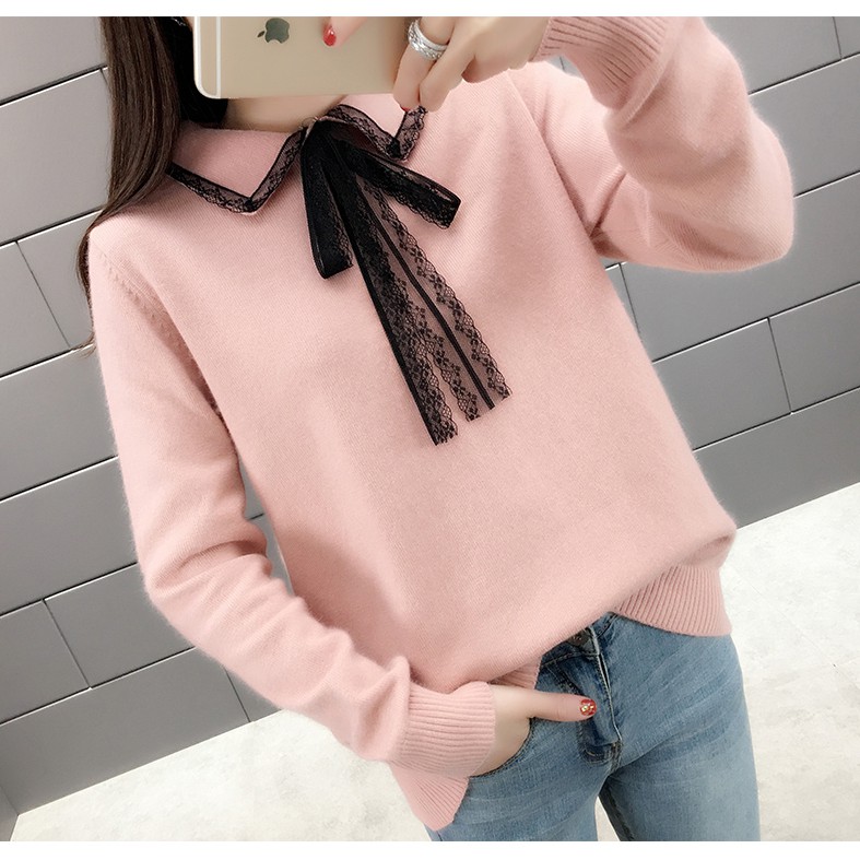 Áo len nữ cổ sơ mi phối nơ đẹp