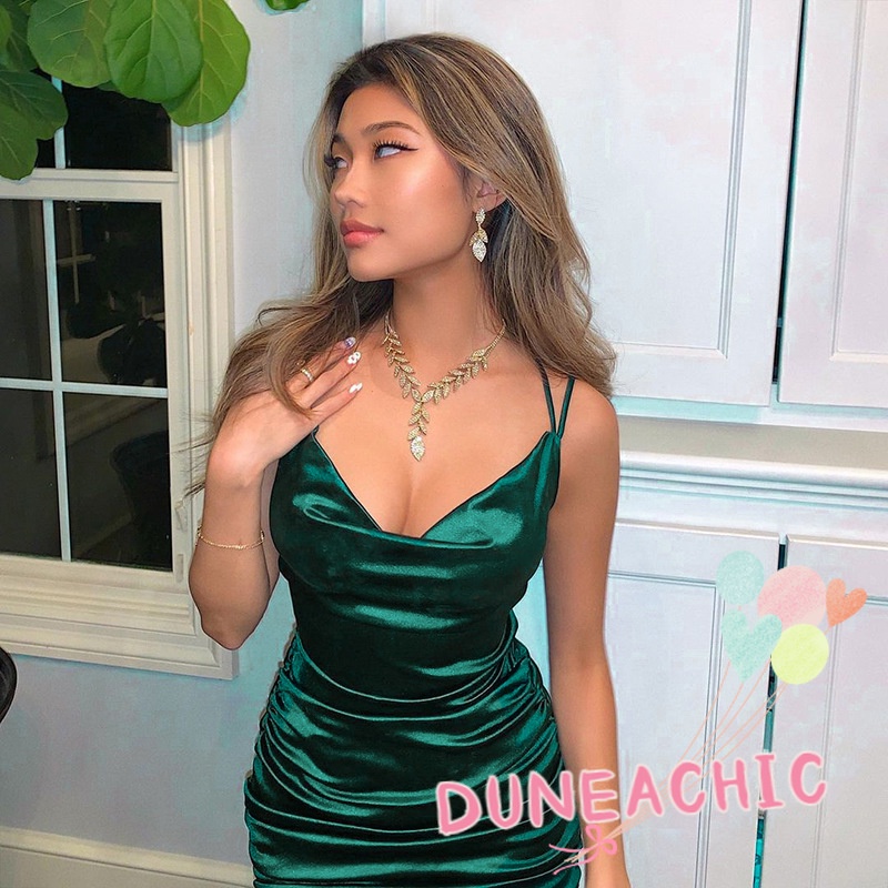 DUNEA Đầm Cổ Chữ V Hở Lưng Xếp Ly Quyến Rũ Thời Trang Cho Nữ