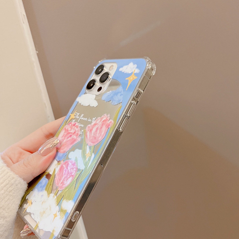 Ốp Điện Thoại Chống Sốc Tráng Gương Họa Tiết Hoa tulip Cho iphone 7 8 plus x xr xs 11 12 13 14 15 mini pro max se 2020