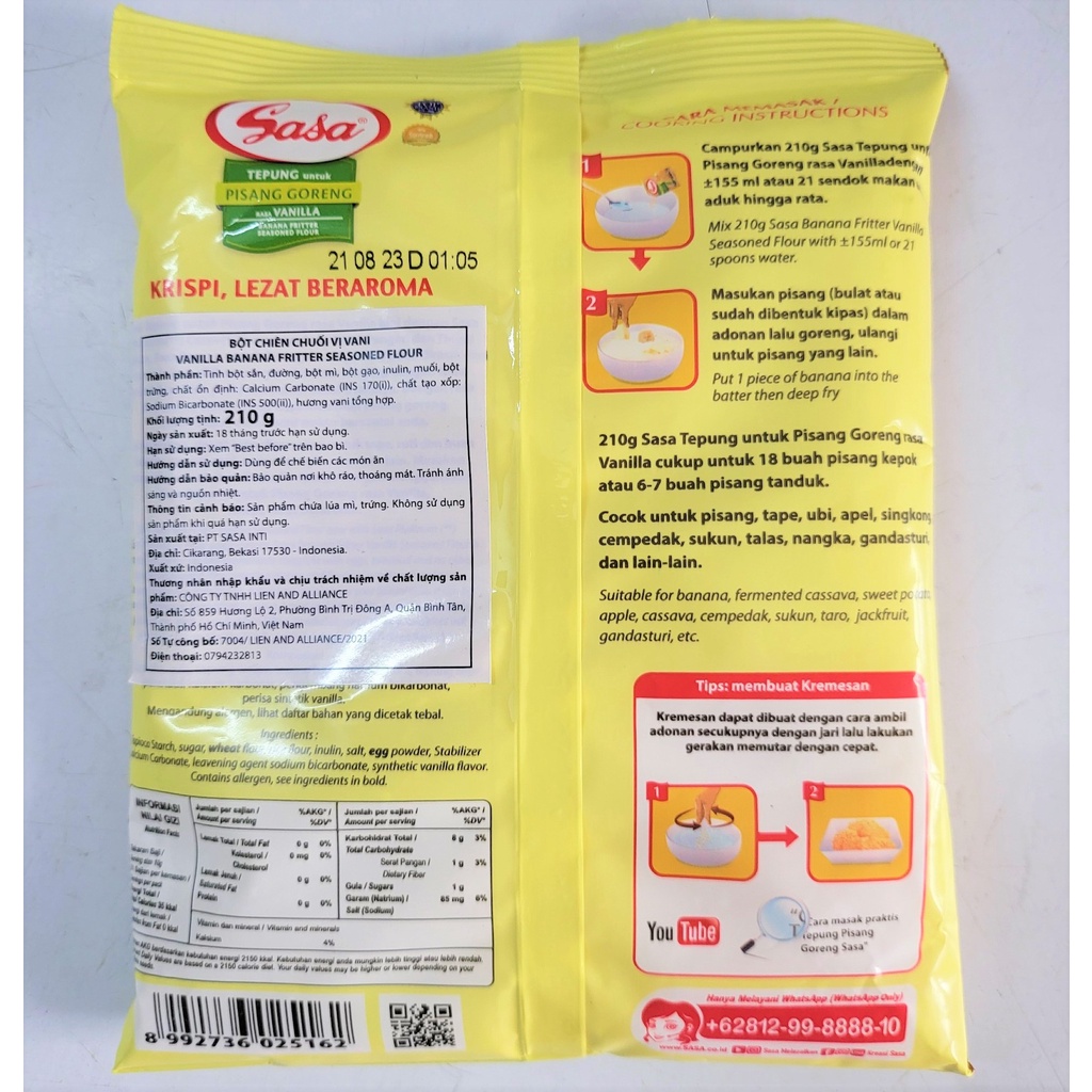 [Gói 210g – PISANG GORENG ] BỘT CHIÊN CHUỐI VỊ VANI [Indonesia] SASA Vanilla Banana Fritter Seasoned Flour (halal)