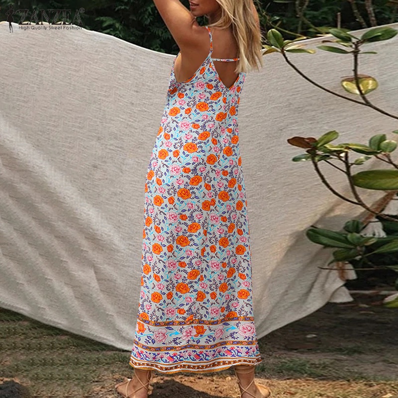 Đầm hai dây Zanzea dáng dài cổ chữ V in họa tiết phong cách Tây Âu trẻ trung thời trang cho nữ
