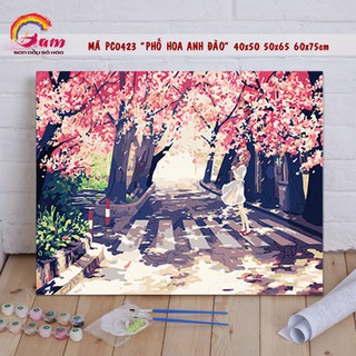 Tranh sơn dầu số hoá tự tô phong cảnh hoa đào  Phố hoa mã PC0423 - HaLa Store