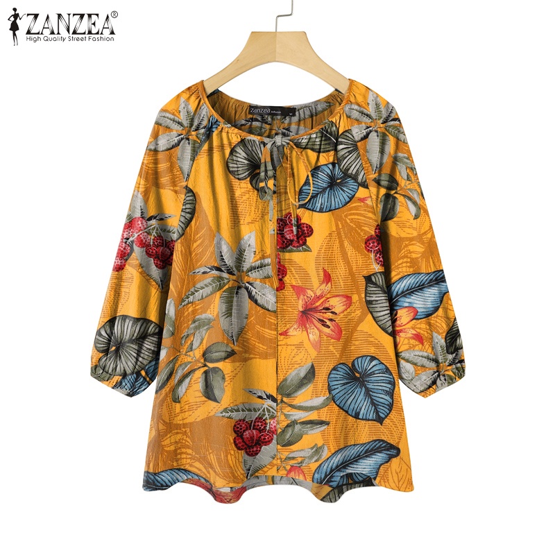 ZANZEA Áo Kiểu Cổ Tròn Tay 3/4 In Họa Tiết Chiếc Lá Thời Trang Cho Nữ
