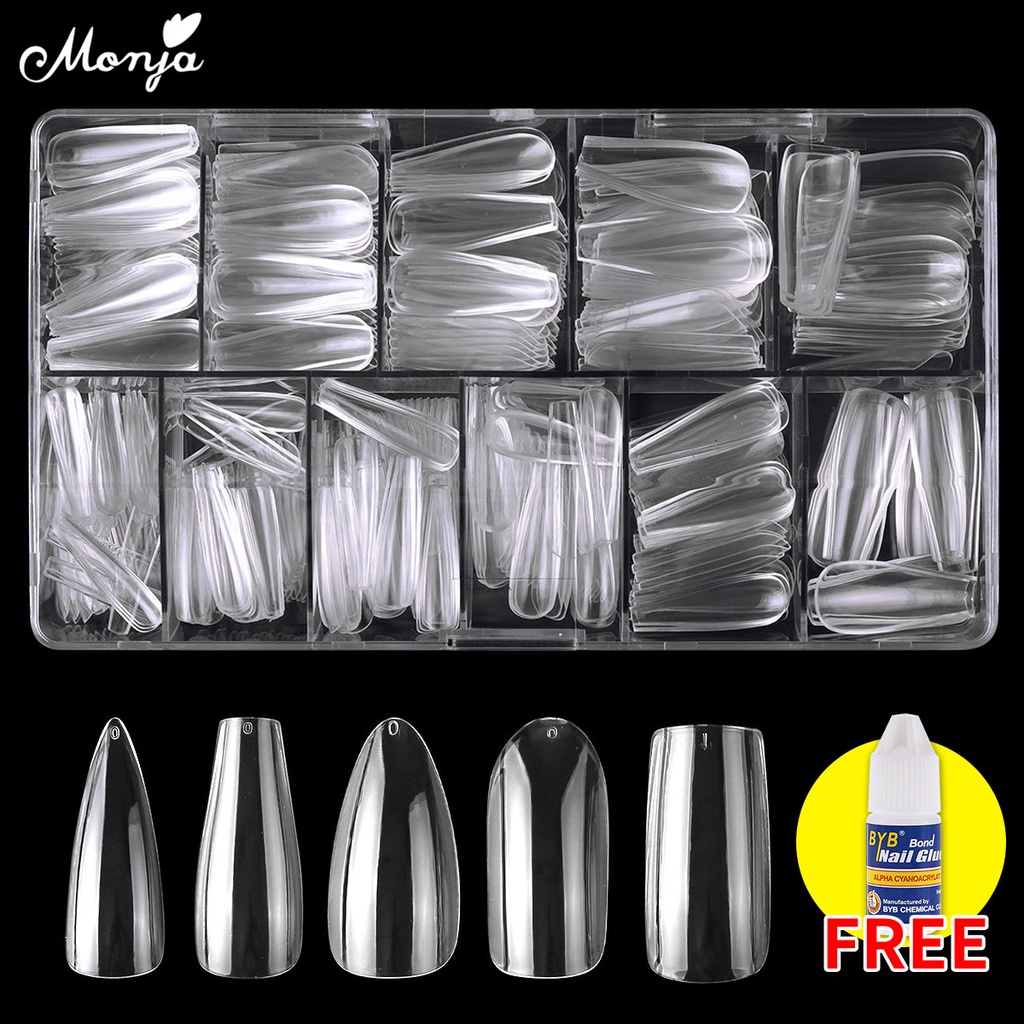 MONJA Hộp 500 Móng Tay Giả Trong Suốt Kèm Keo Dán Tiện Dụng