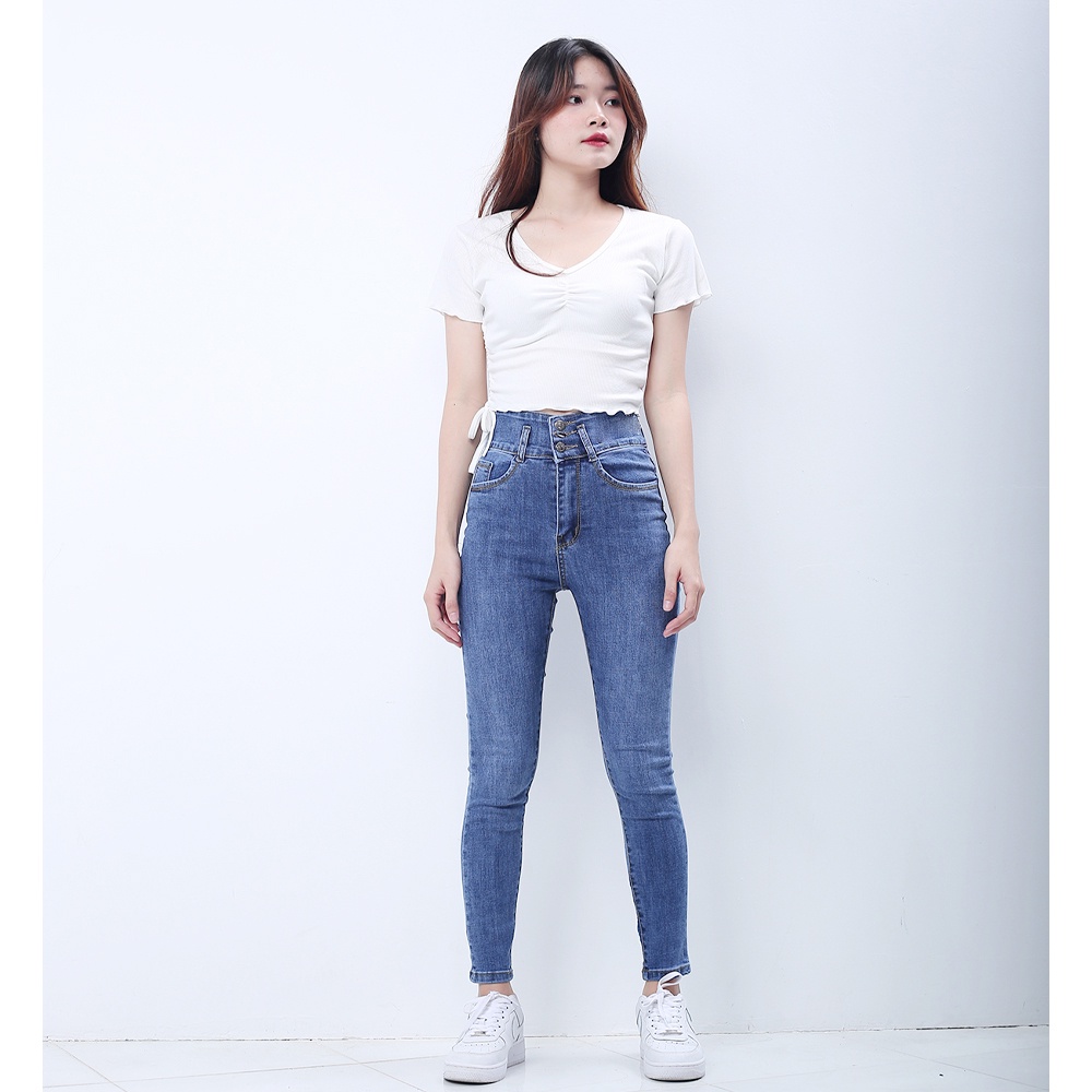 Quần jeans dài nữ co giãn SAIGONJEAN cạp thường lưng lớn màu xanh nhạt trơn QD037